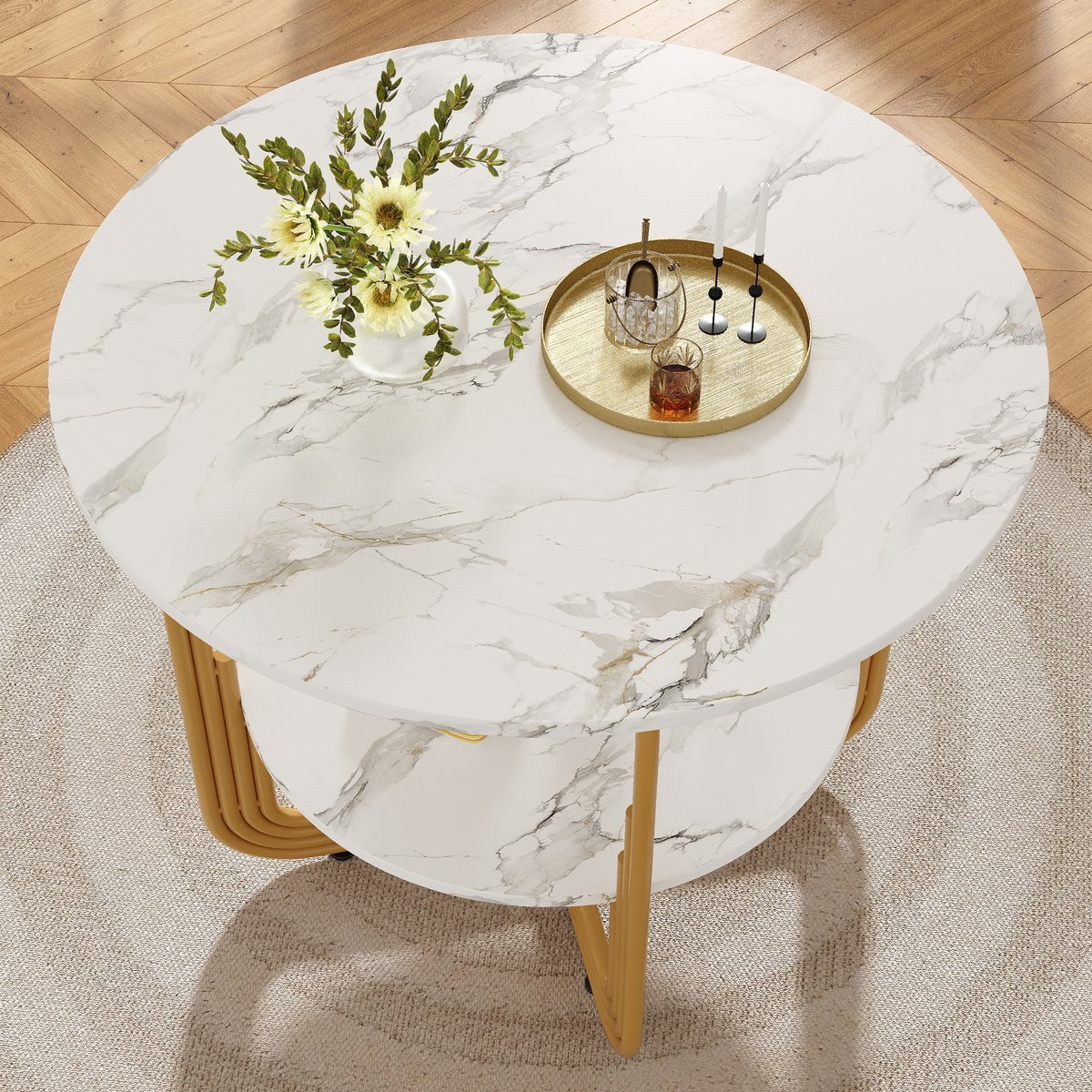 Lemlit Ronde eettafel 80×80×76 cm - keukentafel - ronde salontafel voor 4 personen - klein rond plankje in het midden voor opbergruimte - marmeren afwerking