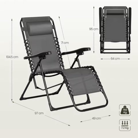J&R Opvouwbare strandstoel - Tuinligstoel - Verstelbare Relaxstoel met Hoofdsteun - 0-160° Ligstand - Heavy Duty 150kg - Grijs - Camping, Strand & Tuin van J&R — afbeelding 4