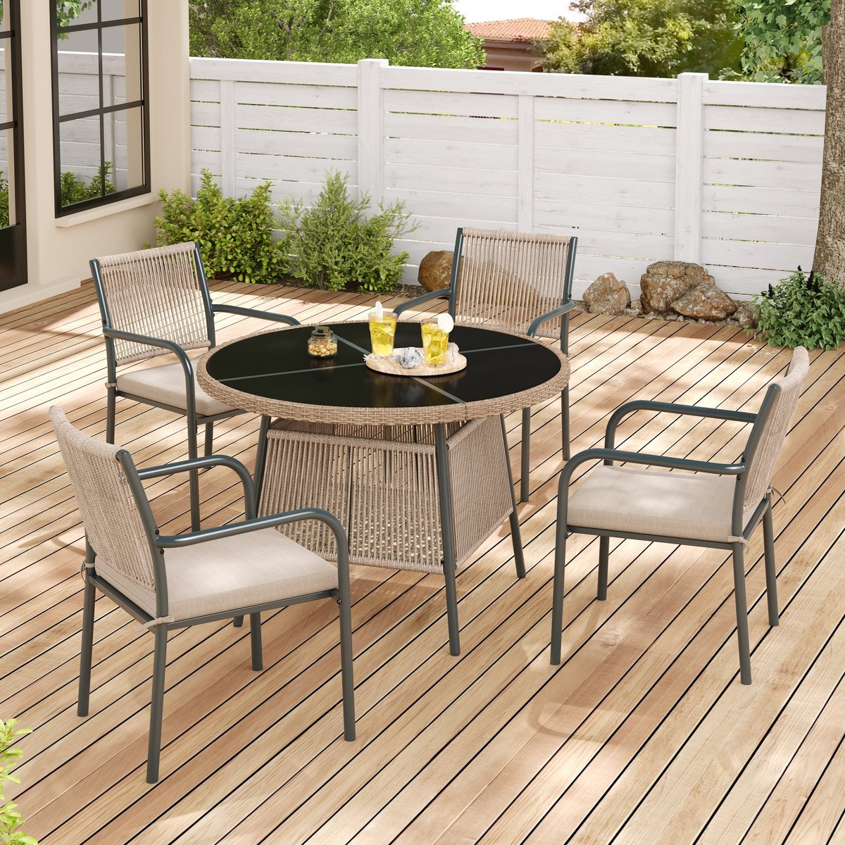 Gutent Loungesets - Tuinset - 5 Delig - 1 Ronde Glazen Tafel - 4 Armstoelen - Metaal Gestel - Voor Tuin Terras - Grijs – foto 7