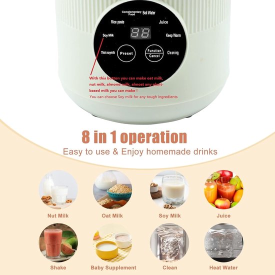 Elektrische blender -Elektrische Shakebeker - 10-in-1 notenmelkmaker - Inclusief uitgestelde start-warmhoud-zelfreinigingsfunctie - wordt geleverd met een borstel, maatbeker, receptenboek en netsnoer - groente — afbeelding 2