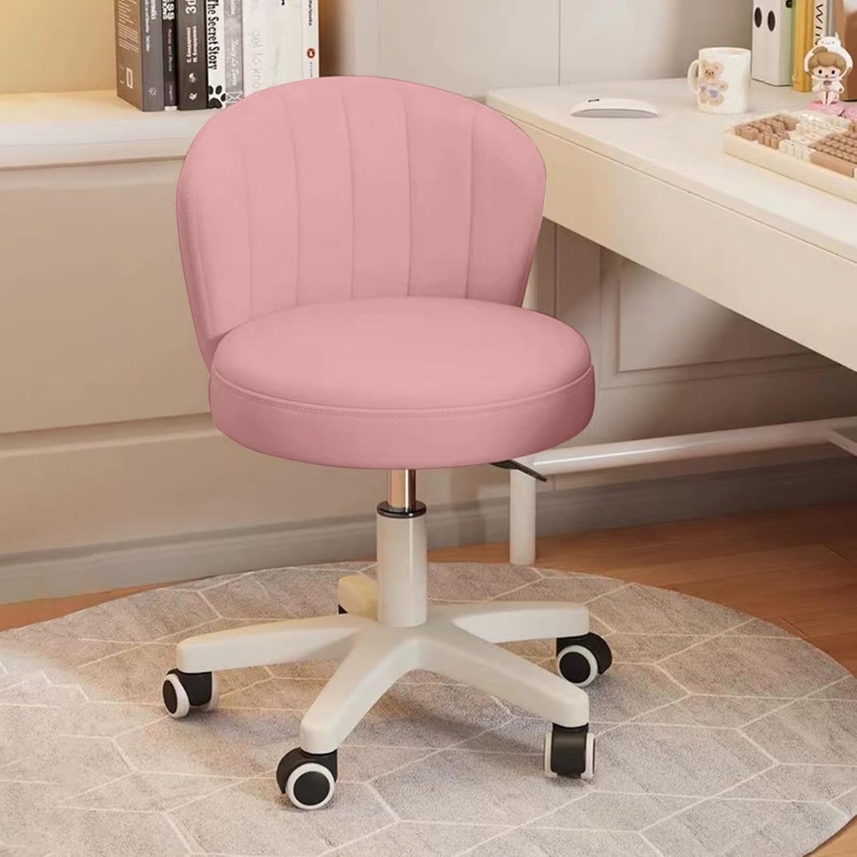 Bureaustoel met Wieltjes Zonder Armleuningen - Make-up Stoel Verstelbaar, Draaistoel 360° met Rugleuning, Roze Rolstoel voor Thuis Kantoor en Slaapkamer - 43x43x50 cm - Vermissen