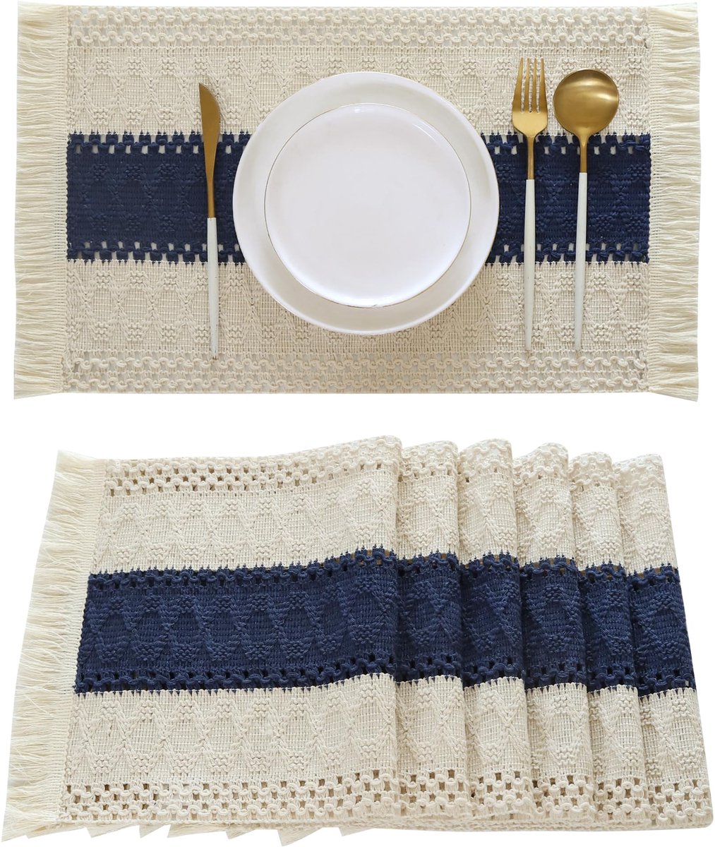 carmdering - Plaatsmat - Placemat - Tafelmat - Set van 6, 30×50 cm, boho franjerand - Katoen-polyester en jute, wasbaar - Beschermt tegen krassen en hitte - Donkerblauw, perfect voor dagelijks gebruik
