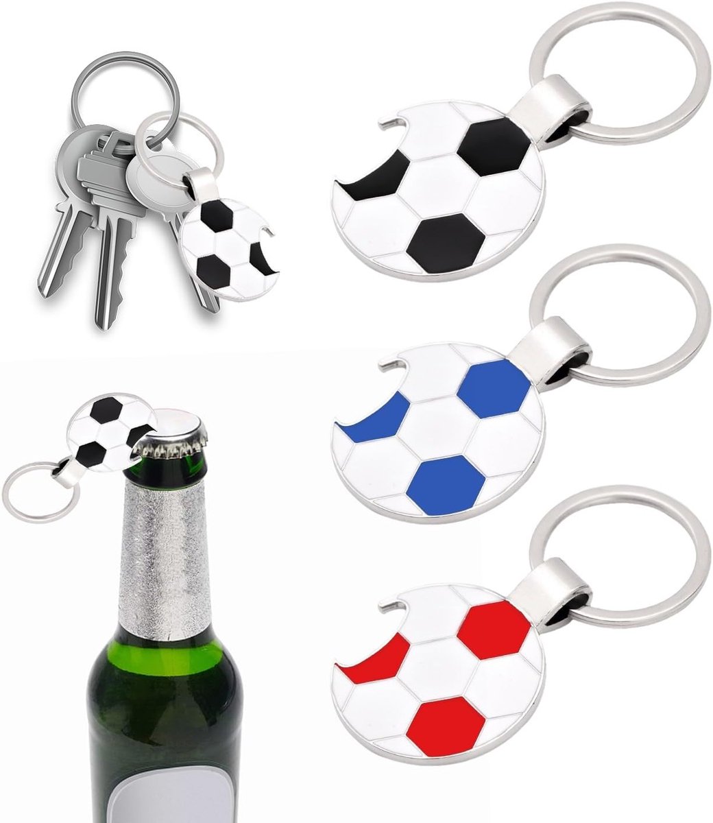 Voetbal Sleutelhangers Set van 3, Flesopener Sleutelhanger, Bal Pendant, Perfect voor Voetbalfans, Rood, Zwart, Blauw, 7.3*3.8cm