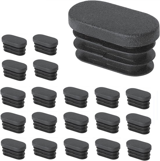 Zestien ovale, zwarte plastic doppen met ribbels, met een grotere dop bovenop.