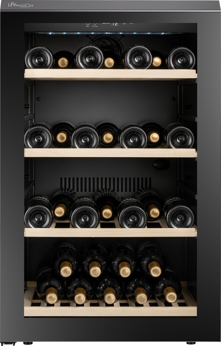 La Réserve RWC159FN1- Wijnkoelkast 59 Flessen – 1 Zone – Vrijstaand – Stil 38 dB – LED Display – Houten Leggers – Zwarte Glazen Deur