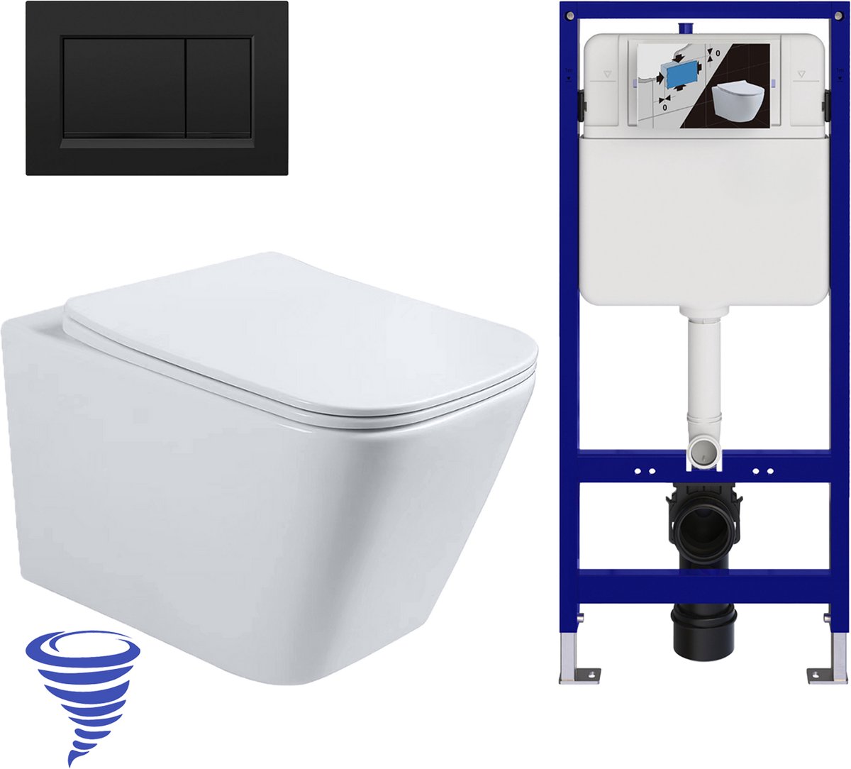 LOMAZOO Hangtoilet met Inbouwreservoir - Vierkant Wit - Drukplaat Vierkant Zwart - Linea