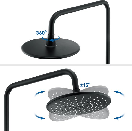 Detail van zwarte douchekop met 360 graden draaibare aansluiting en kantelfunctie.