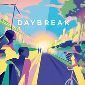 Illustratie met de tekst DAYBREAK. Een zonsopgang over een stad met windturbines en zonnepanelen. Mensen wandelen en fietsen.