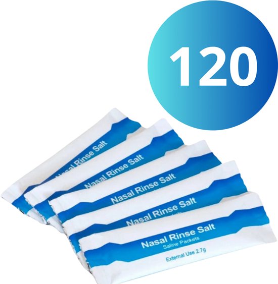 Twaalf zakjes neusspray zout met blauwe en witte accenten. Een blauwe cirkel toont het cijfer 120.