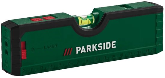 Groene Parkside laserwaterpas met zwarte accenten en een waterpas.