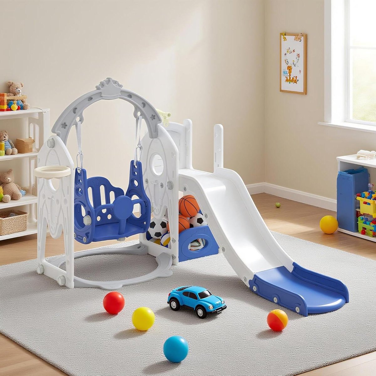 Kinder Speeltoestel - Speelparadijs Buitenshuis - Buiten Spelen - 6-in-1 Multifunctioneel - 141x154x119cm - Blauw/Wit