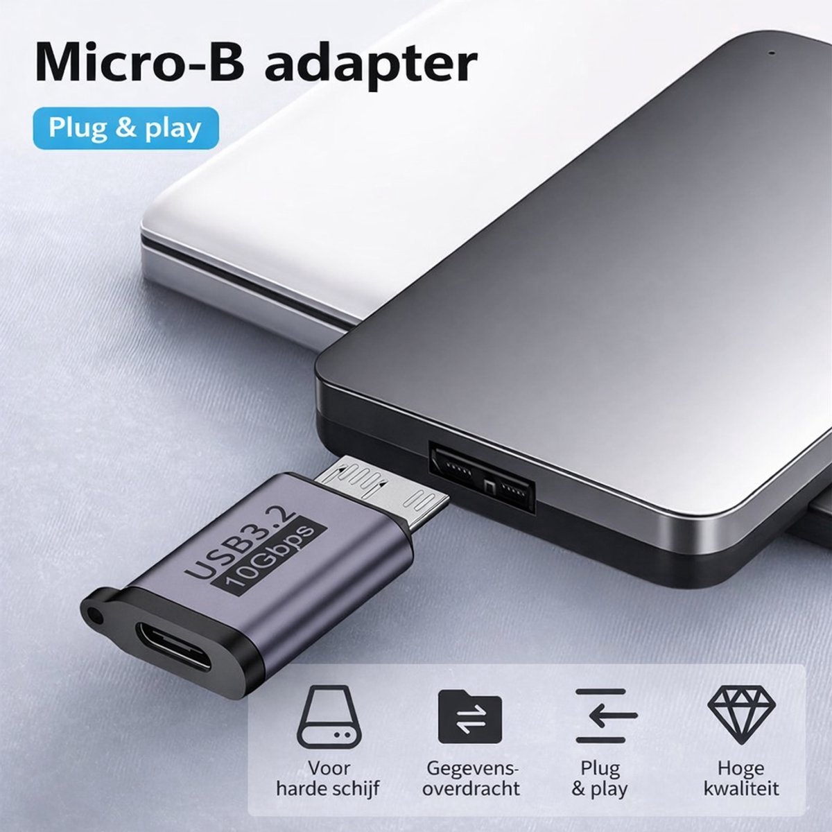 USB-C naar Micro USB 3.0 Adapter 10Gbps voor Externe HDD SSD Seagate WD My Passport Laptop MacBook Tablet - Afbeelding 2