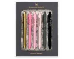 QUOTABLE Gelpennen Set van 6 – Zwarte Inkt – Pennenset met Quotes – Planner & Journaling – Cadeau voor Haar – Antisocial Butterfly