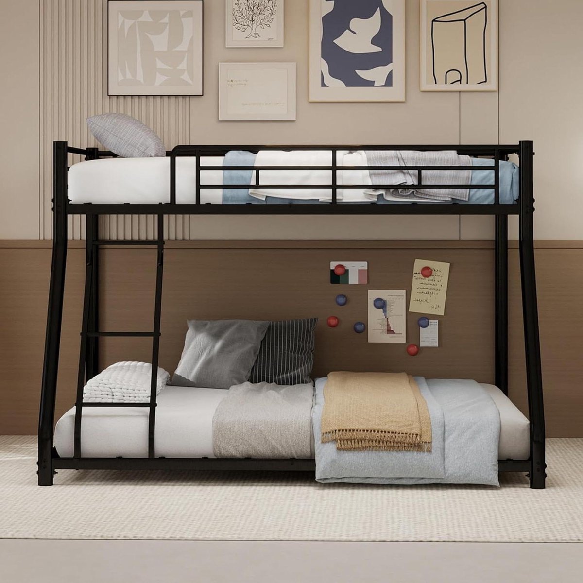 Stapelbed Metaal - Kinderbed Tweepersoons - Ruimte Besparen - Drie Slaapplaatsen - 90x190cm + 140x190cm - Zwart
