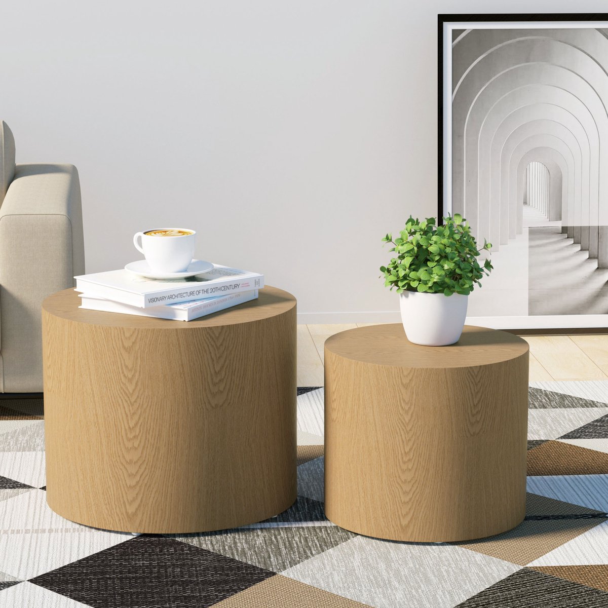 NJLYUHOME Houtcollectie - 2-delig bijzettafel set - Rond & stapelbaar - MDF met houtfineer - Ø38/32 cm, hoogte 48/38 cm