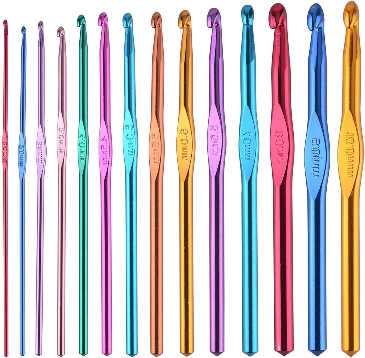 Haaknaalden in verschillende kleuren, 2-10 mm, set van 14 voor haken en breien
