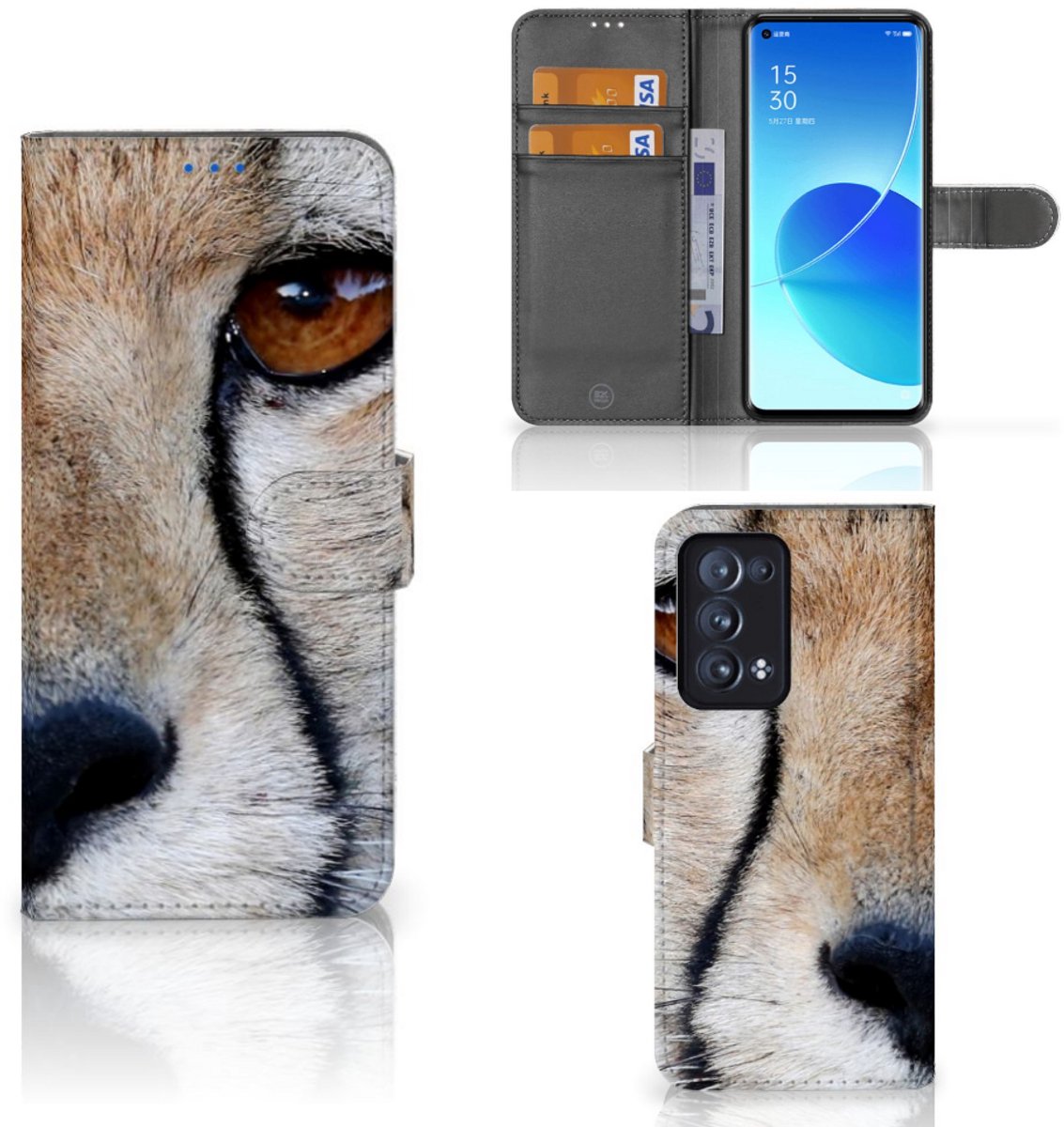 Boekhoesje voor OPPO Reno 6 Pro Plus 5G Telefoonhoesje met Pasjes Cheetah