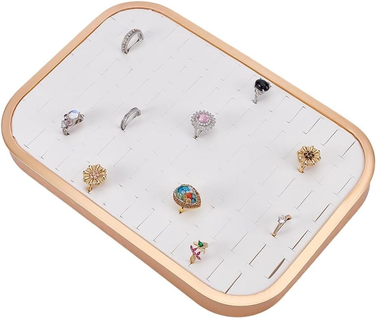 Stackable ringorganizer tray met 92 sleuven voor sieradenopslag, rechthoekige lederen houder voor ringen en oorbellen, 29,8 x 20,8 cm