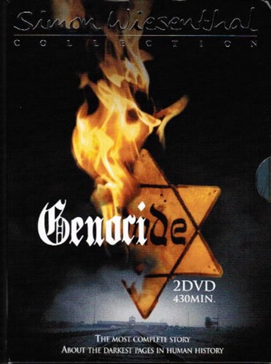 DVD-hoes met gele davidster in vlammen. De titel 'Genocide' en '2 DVD 430MIN'.