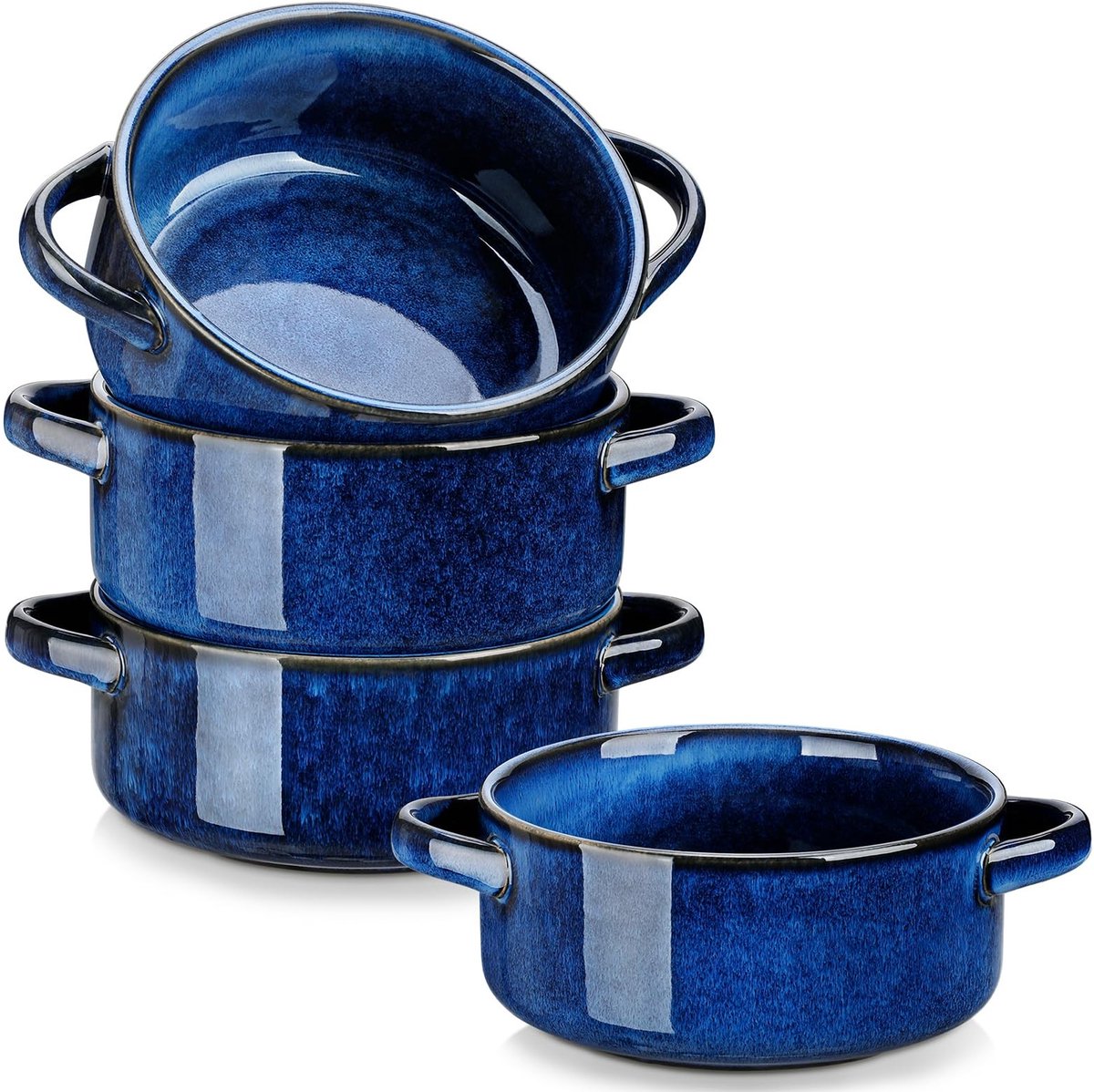 Allecto - - Franse Uiensoepkommen - Set van 4 - Groot formaat - 30 oz - Keramisch - Oven- en Magnetronbestendig - Blauw - Geschikt voor Soep en Stoof.