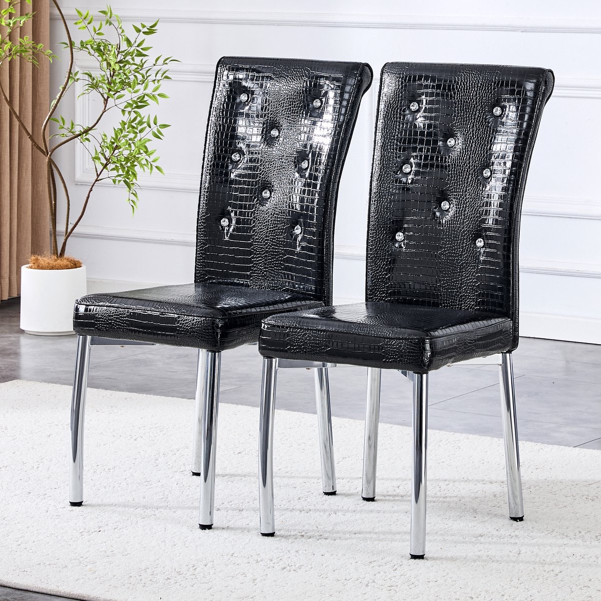 Wishdor Set Van 2 Eetkamerstoelen - Gestoffeerd En Met Verstelbare Voetdoppen - Retro Ontwerp - Voor Eethoek - Metaal En PVC - Zwart - Met Kristaldetail En Waterafstotend Oppervlak