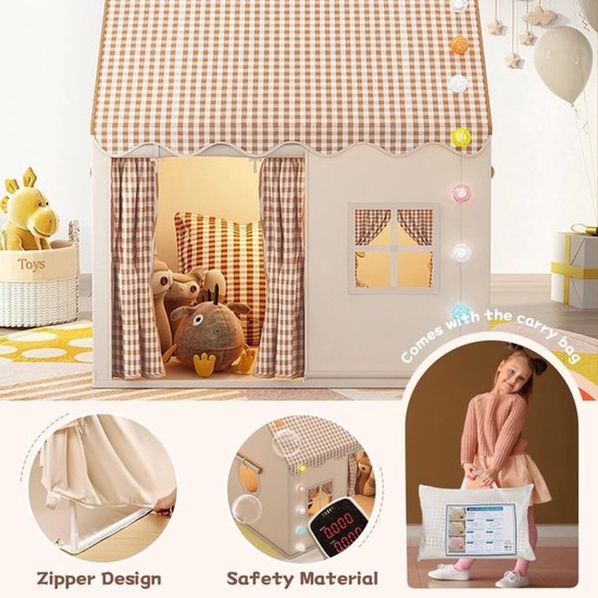 Binnenspeelhuisje voor kinderen, speeltent, prinsessentent met ramen, speelhuisje, gezellige hoek voor de kinderkamer, kaki