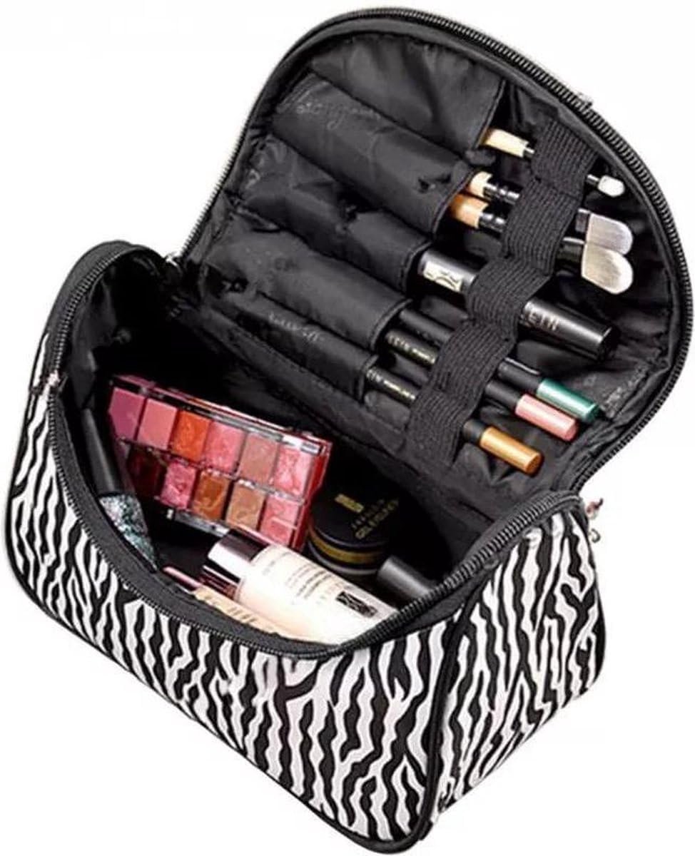 Okado Make-up Tas met Spiegel Zebra – Ruime Toilettas Zwart/Wit met Brede Opening, Brush-houders en Vakindeling