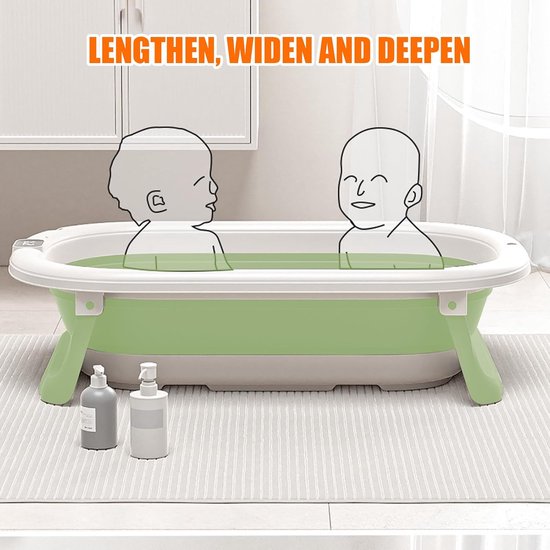 Opvouwbare badkuip voor baby's, met afvoerstop en temperatuurweergave en zitkussen, zeer compact, antislip voeten, B-43 x 71 x 18,5 cm (groen) — afbeelding 4