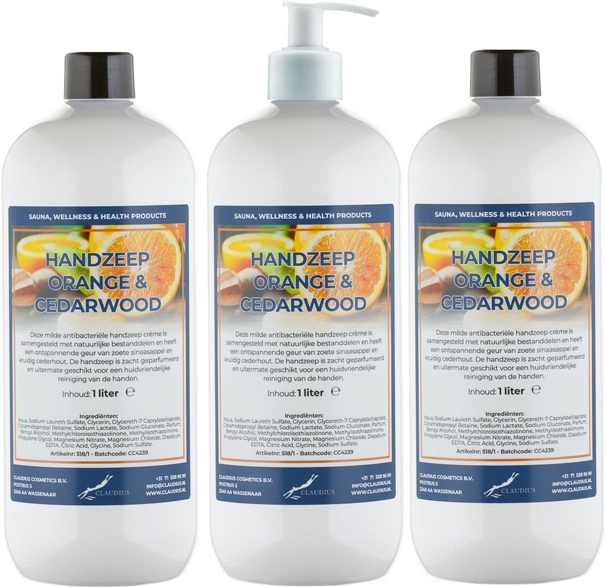 Handzeep Sweet Orange & Cedarwood 1 liter - set van 3 stuks - met gratis pomp - Voordeelverpakking