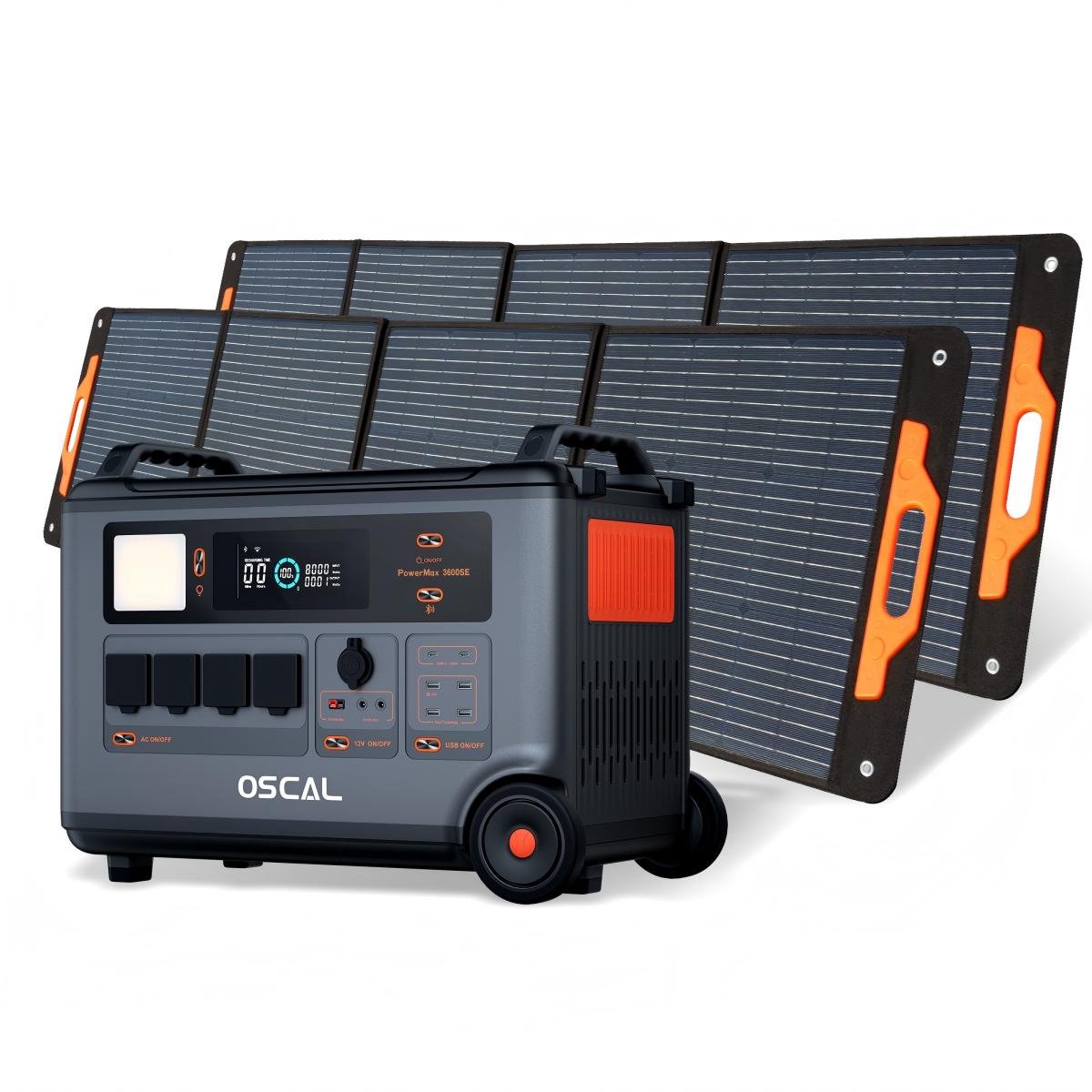 OSCAL PowerMax 3600SE Draagbare Zonnetank - 3600Wh+2 x PM200 Plus Opvouwbaar Zonnepaneel 2 x 200W Draagbaar Energiestation
