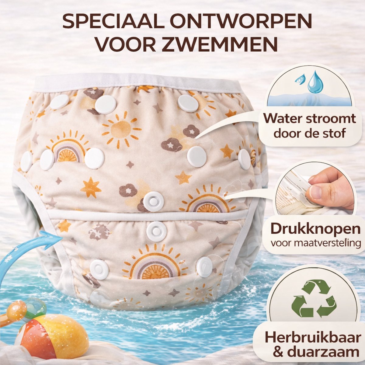 BonBini's® Wasbare Zwemluier Baby - Herbruikbaar - zwembroekje - Anti Doorlek - Sunshine Taupe — afbeelding 5