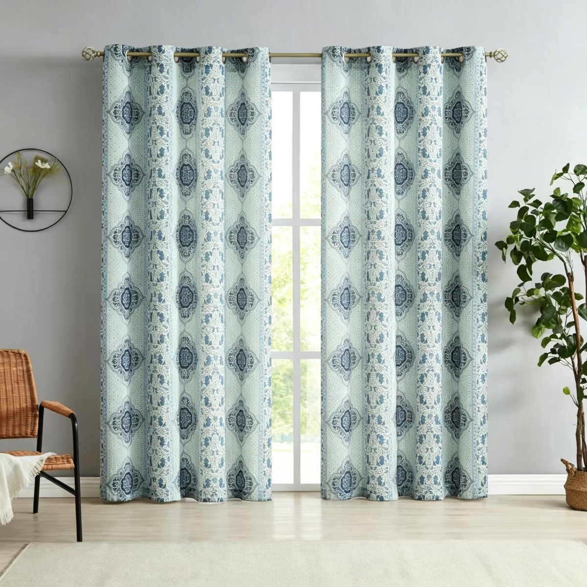 Floraweg Bohemien-stijl blauw-witte etnische halfverduisterende gordijnen – kant-en-klare gordijnen voor de woonkamer, slaapkamer en het balkon,132x214cm