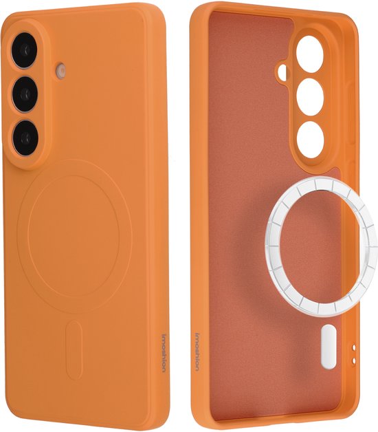Oranje telefoonhoesje (achterkant en binnenkant) met magnetische ring en uitsparingen voor camera.