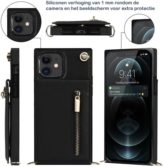 Zwart telefoonhoesje met ritsvak, met detailfoto's van de telefoon en hoes.