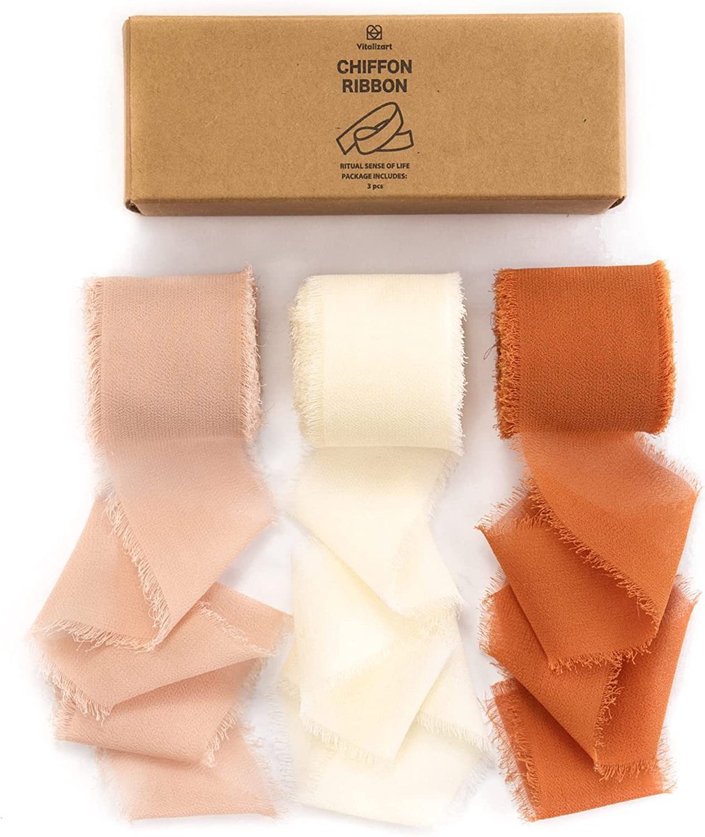 Lint met rafelige randen - 3 rollen - 4 cm x 6,5 m - Handgemaakt lint met kwastjes - Geschikt voor trouwkaarten, bruidsboeketten, cadeauverpakkingen, feestdecoraties - Stijl B