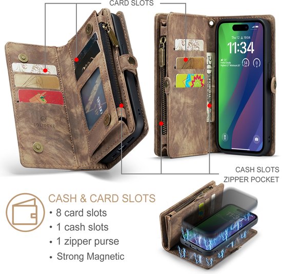 Overzicht van bruin portemonnee hoesje: open met iPhone, gesloten met polsband en detailopname van de rits.