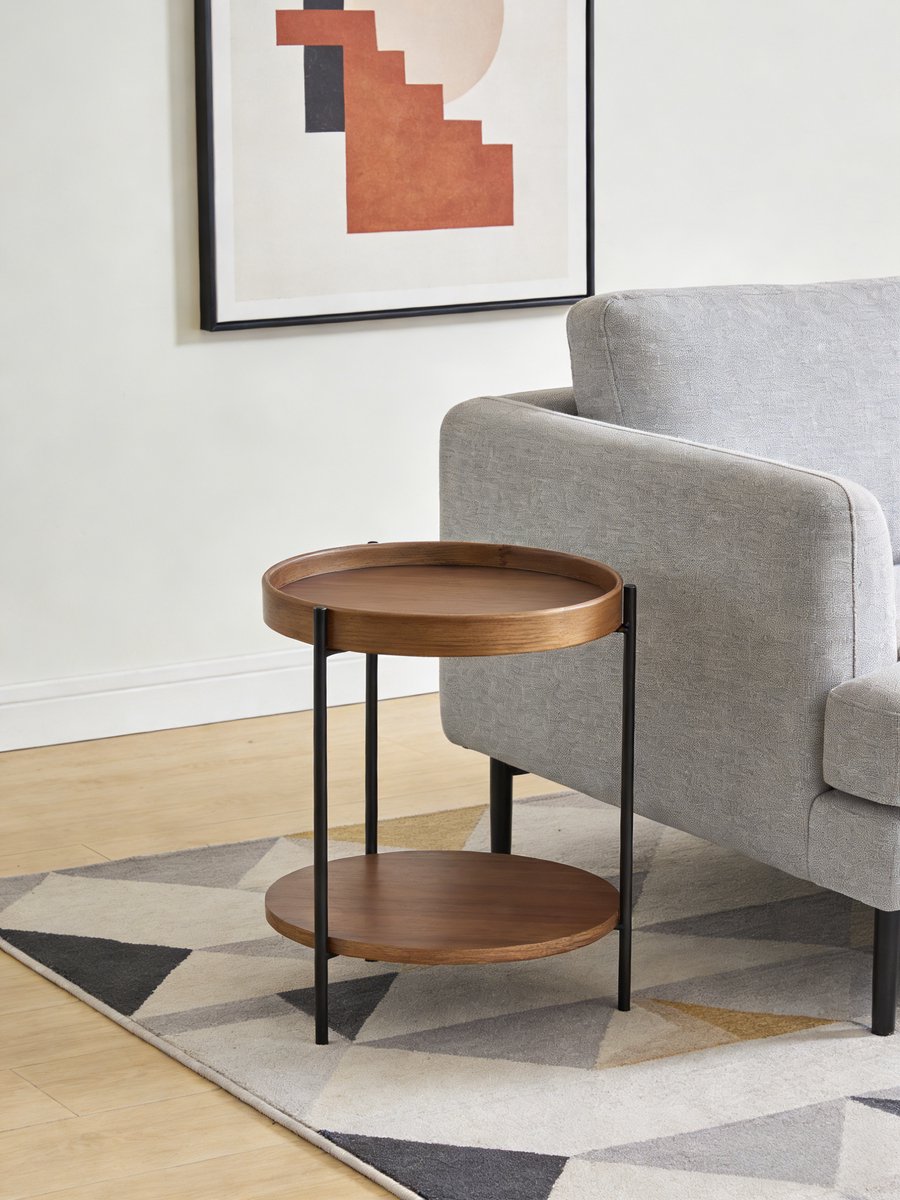 NJLYUHOME Home - Ronde 2-laags bijzettafel met metalen frame - Ø44 x 48 cm - MDF met essen fineer - Scandinavisch design