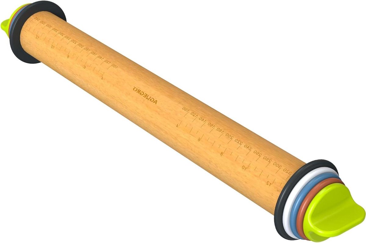 Deegroller Hout - Bakroller Deegroller - Bakken Deeg Uitrollen - Met 4 Dikte Ringen - 34.5 cm - Multicolor