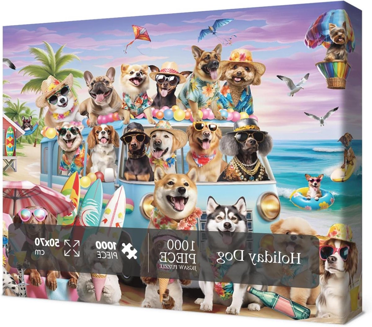 Hondenpuzzel Strand - Legpuzzel Dieren - Ontspanning en Plezier - Levendige Poster Inclusief - 1000 Stukjes - Meerdere Kleuren