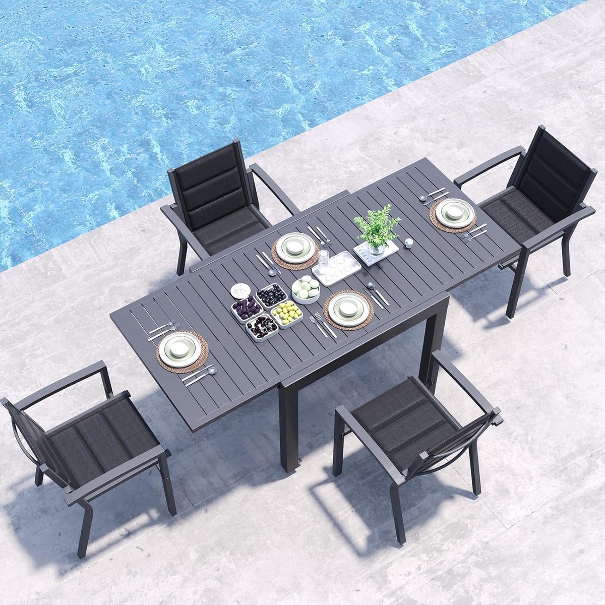 Tuinmeubelset 4 Personen 70x62 cm Aluminium – Moderne Dining Set met Stapelbare Stoelen, Lichtgewicht & Weerbestendig – Grijs – Nicolehome