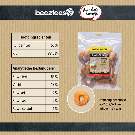 Beeztees Kauwringen met kip, mega pack. Zak met 15 stuks en een losse kauwring. Tabellen met ingrediënten en afmetingen.