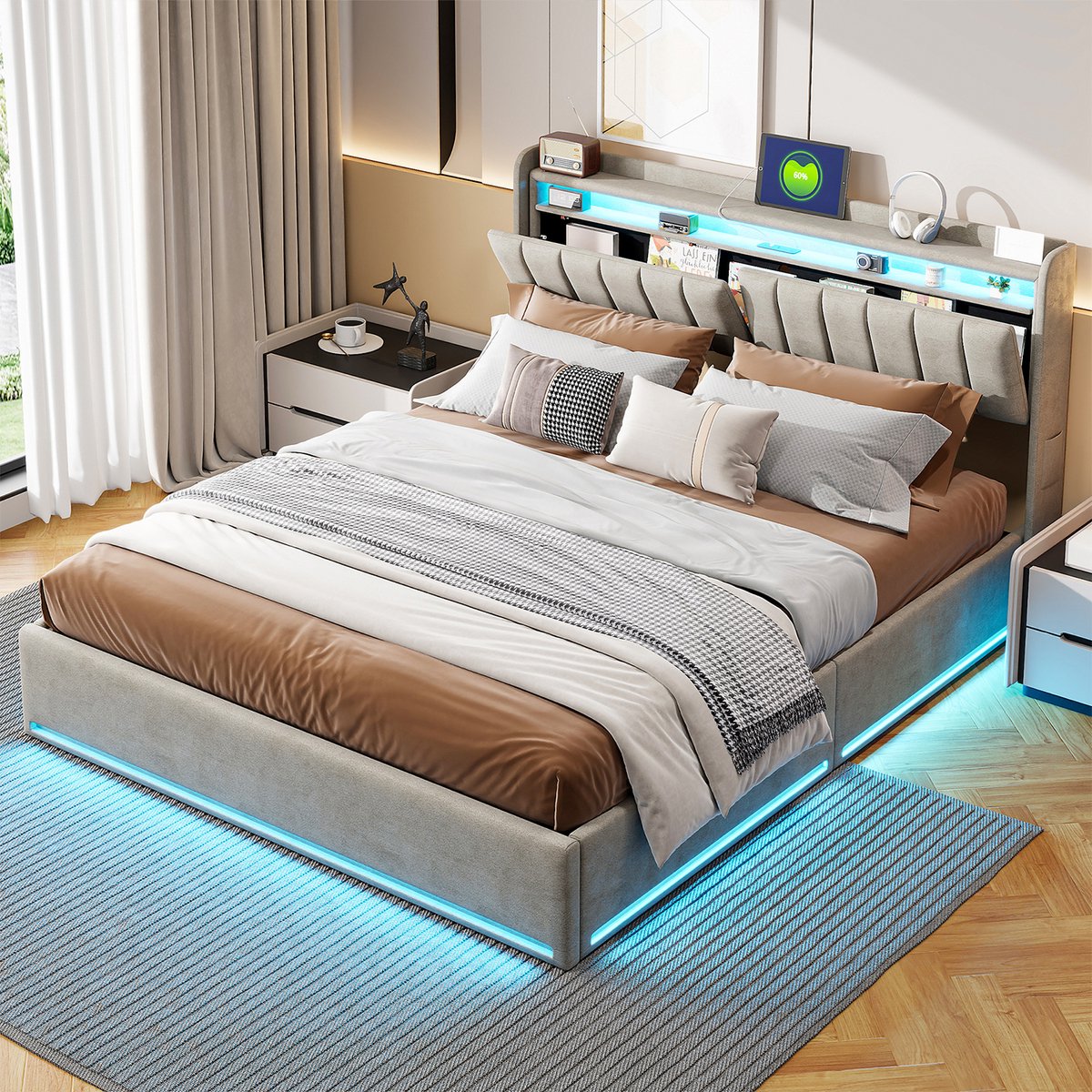 ROSAHQNDA Gestoffeerd bed, 140x190cm, met LED-verlichting en USB-aansluiting, Opbergbed, tweepersoonsbed, Continentaal bed, lattenbodem, fluweel,Grijs