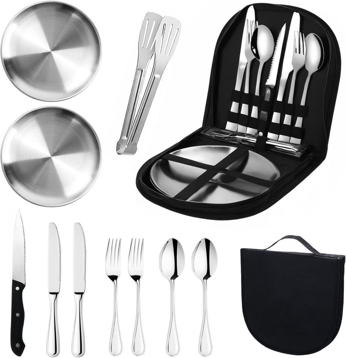 Complete Camping Servies Set voor 2 Personen - 12-delige RVS Picknick Set, Draagbaar Bestek voor Buiten, Ideaal voor Kamperen, BBQ en Picknicken