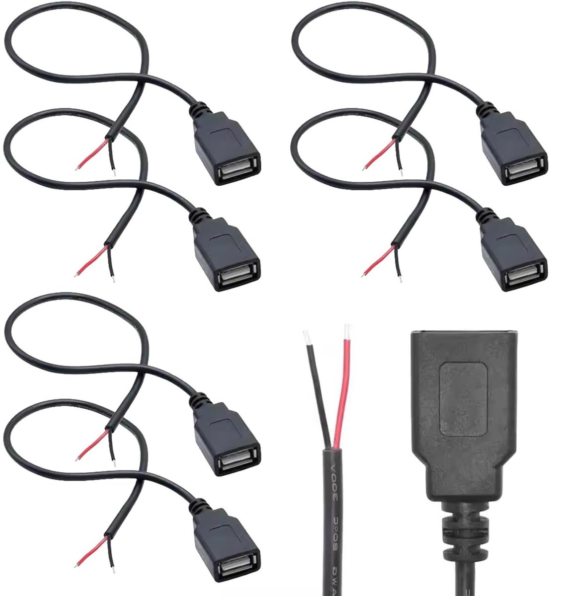 USB-kabel 2-pins 2.0, 30 cm, 22 AWG, 5 V, 3 A, voor dataoverdracht en stroomvoorziening van apparaten