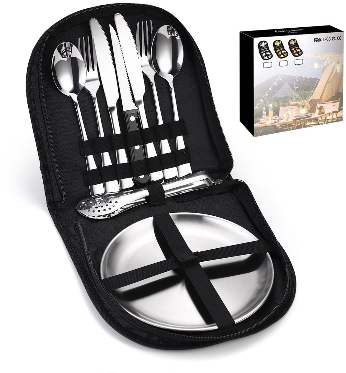 Buiten Bestekset - Roestvrij Stalen Messen Vorken Lepels - 10-delig Zilver - Opbergtas - Voor Kamperen Picknick Barbecue