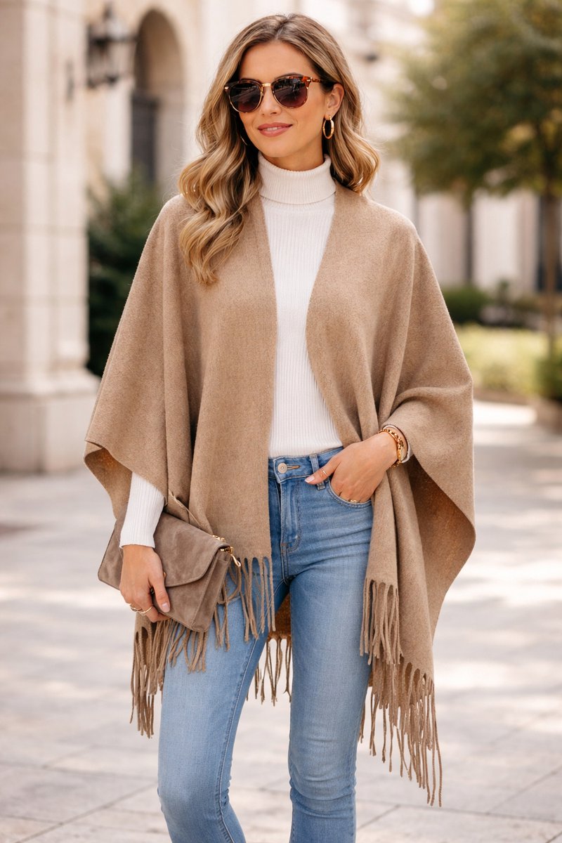 Dames Omslagdoek ‑ Vest - Oversized sjaal - Poncho - Stola - Omslagsjaal - Licht Camel / Beige - Vest met franjes