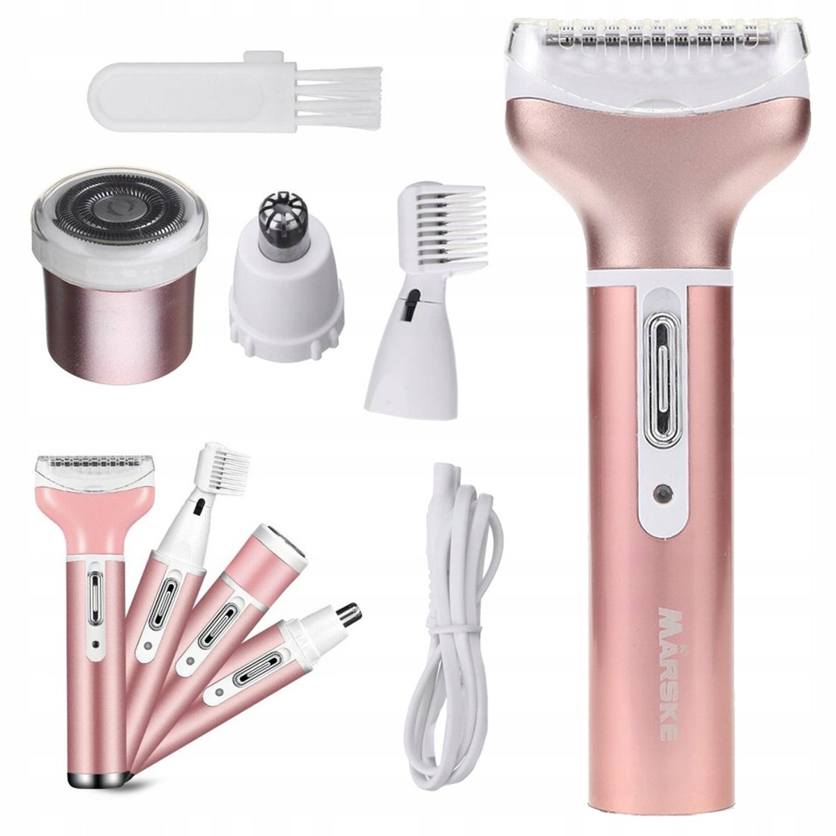 Marske 4 In 1 Oplaadbare Ladyshave- Wenkbrauw Trimmer - Neus- En Oor Trimmer - Gezichtshaar Verwijderaar - Inclusief USB oplaadkabel - Ergonomisch Design - Lichtroze
