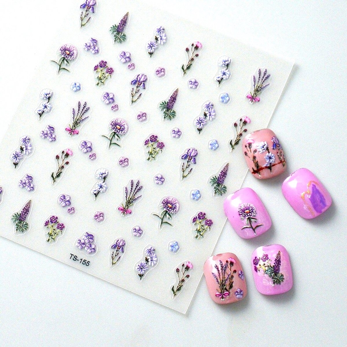 Frezarkowo - 3D Zelfklevende Nagelstickers - Paarse Bloemen - 9,5 x 8 cm