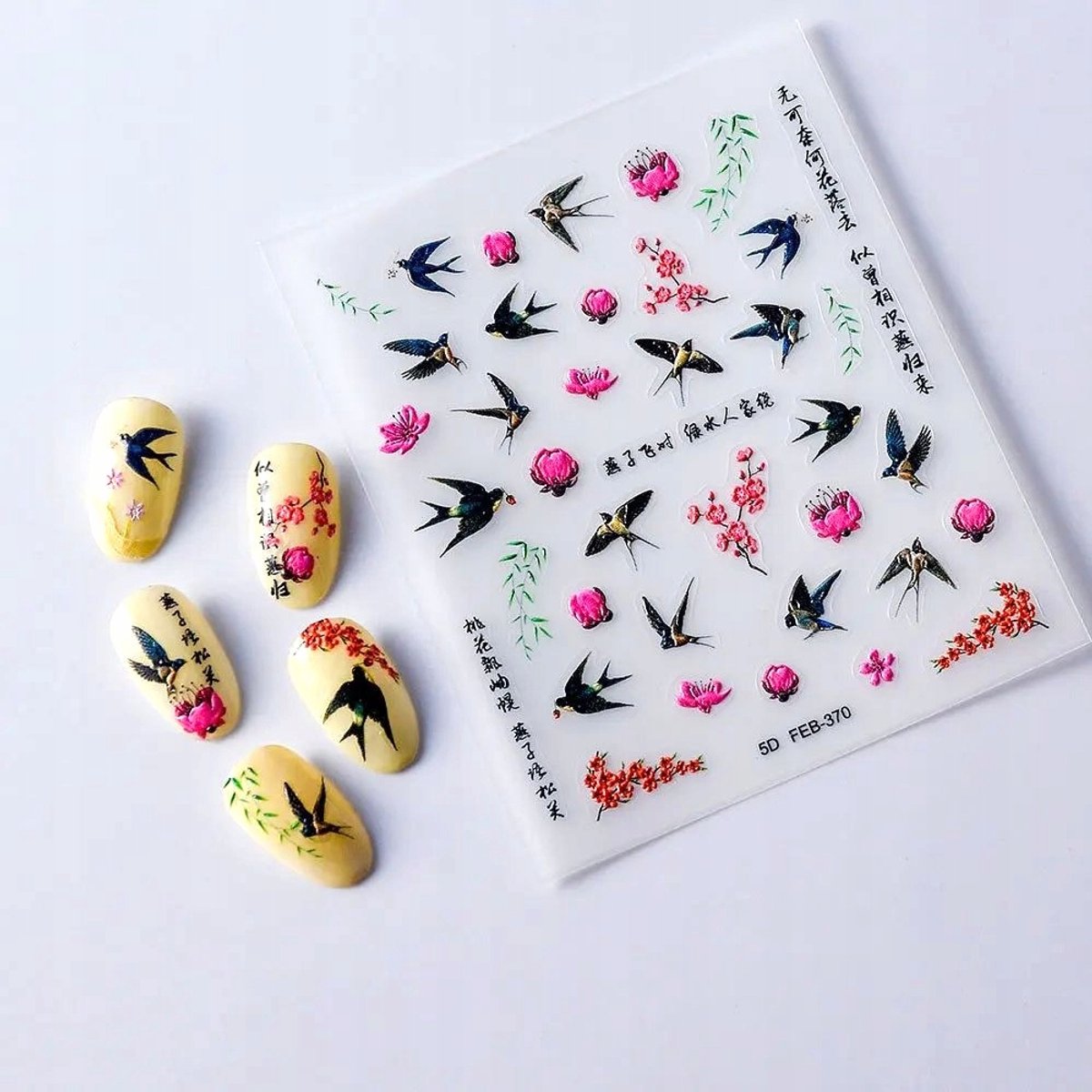 Frezarkowo - 3D Samopressende Nagelstickers - Jaskółka en Bloemen - 9,5x8 cm