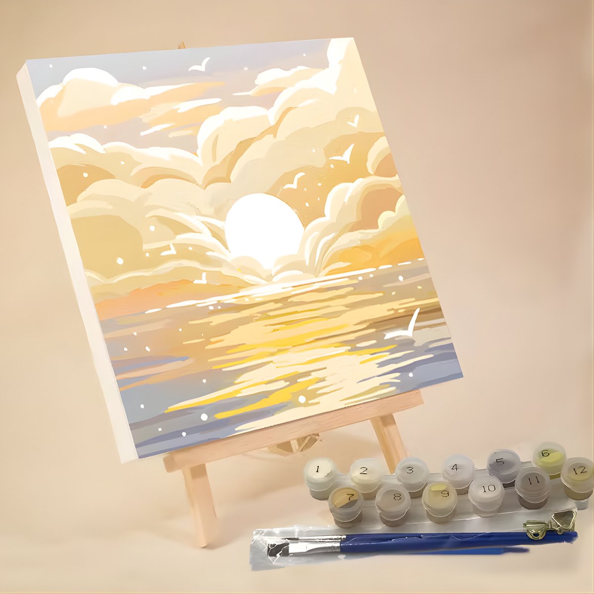 Nalovi - Schilderen op Nummer - Zonsondergang Zee - Canvas - 20x20 cm - Compleet Pakket Volwassenen - Inclusief Verf Penselen & Ophangsysteem